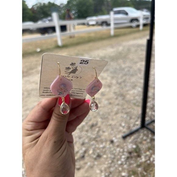 Handmade  Polymer Clay   Earrings With Crystal Charm - Picture 3 of 5